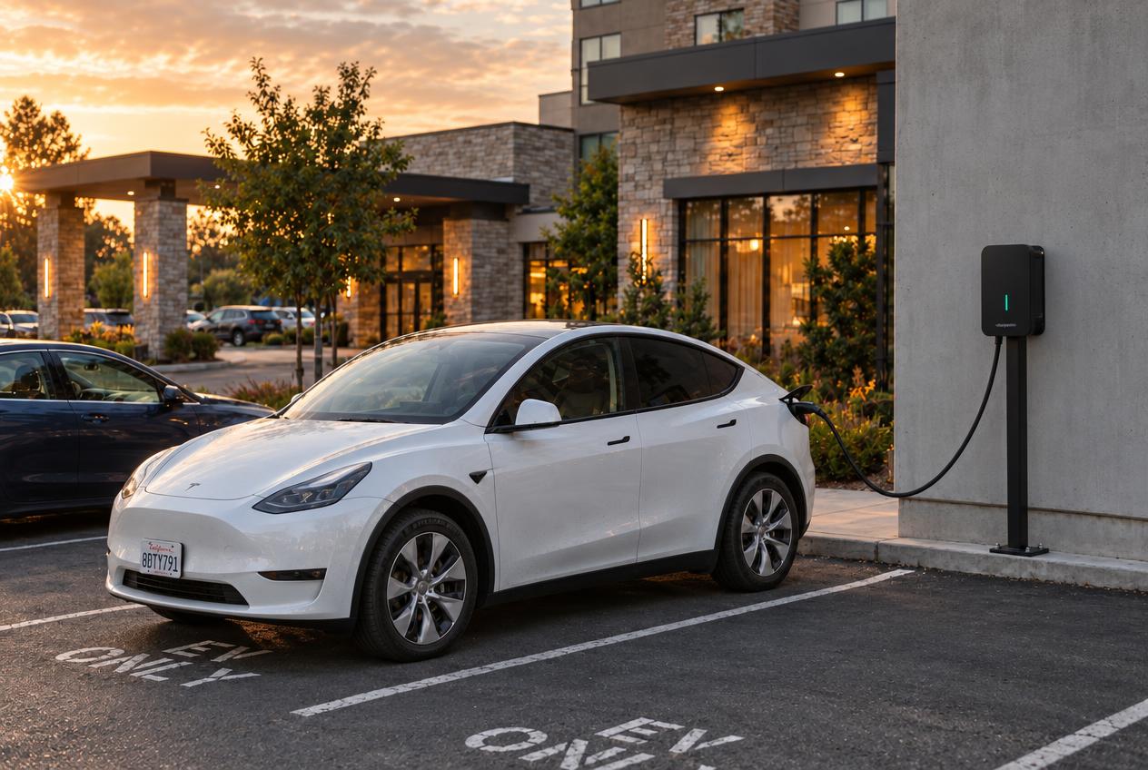 Black EV charger on a pedestal charging a Tesla